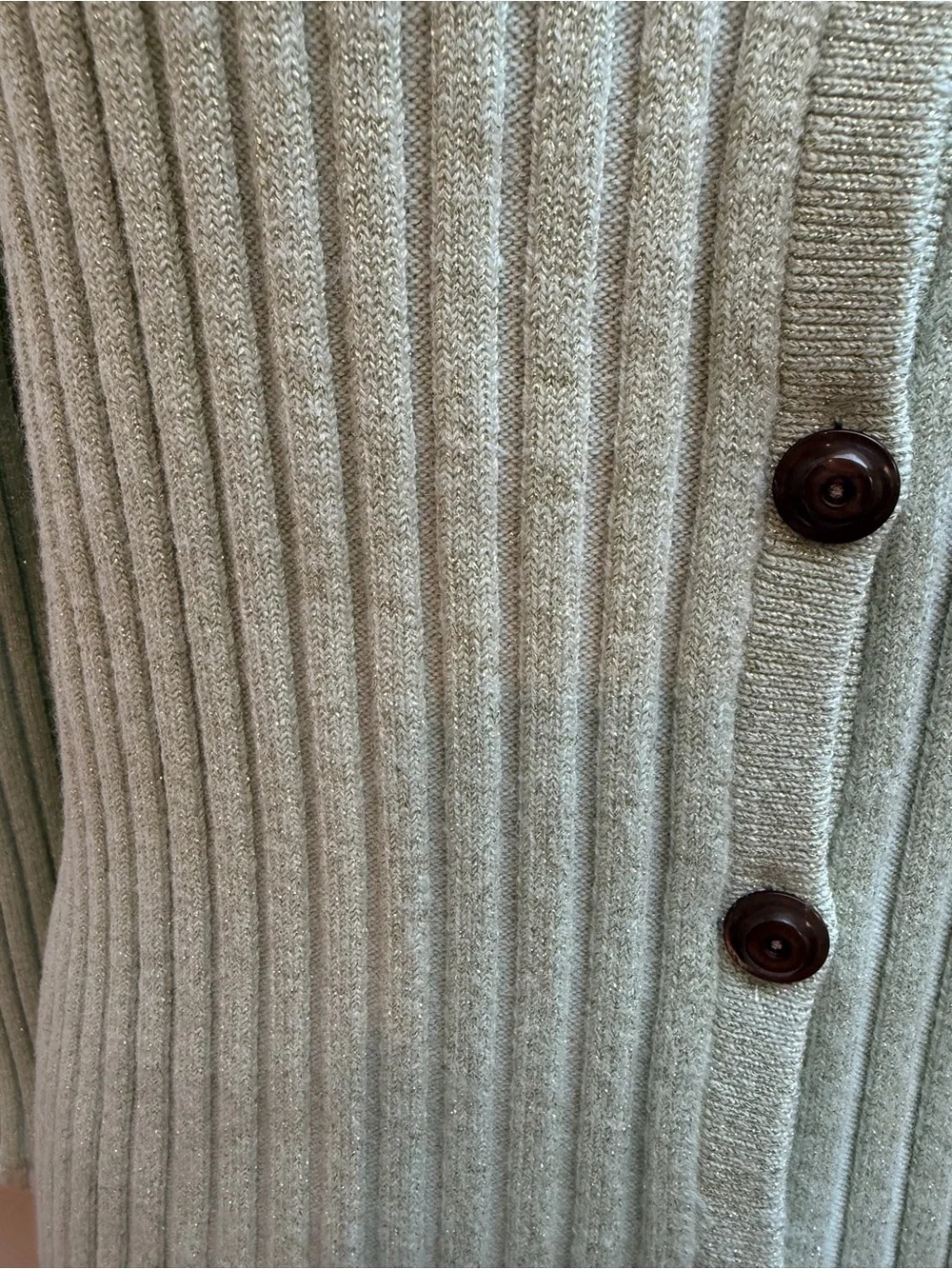 Tory Burch Metallic Lurex Striped Mint Green Ribbed Button-Front Cardigan Large